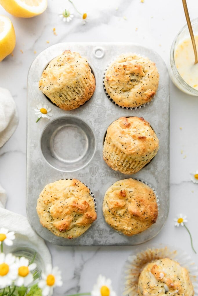 Overhead view of a six count muffin tin holding five lemon poppy seed muffins, one muffin outside the fin drizzled with lemon glaze. 