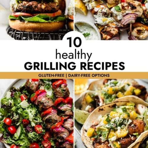 Collage of healthy grilled recipes for Pinterest Pins.