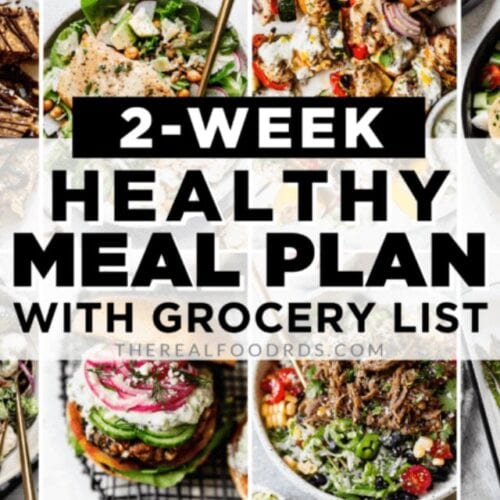 A collage of healthy dinner images with text overlay for a 2-Week Healthy Meal Plan