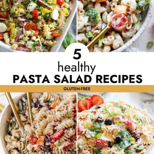 Collage of healthy pasta salads