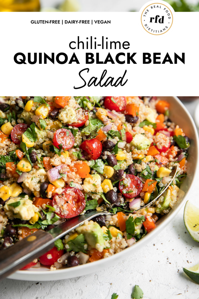 Chili lime quinoa black bean salad in white serving bowl.