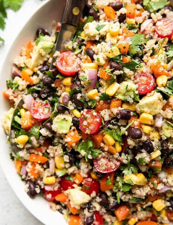 Tex mex chili quinoa salad with black beans in large serving bowl