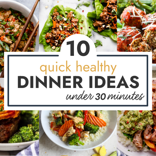 Collage of healthy dinner recipes with text overlay for header.
