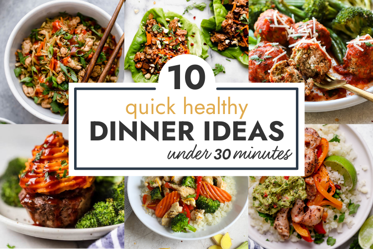Collage of healthy dinner recipes with text overlay for header. 