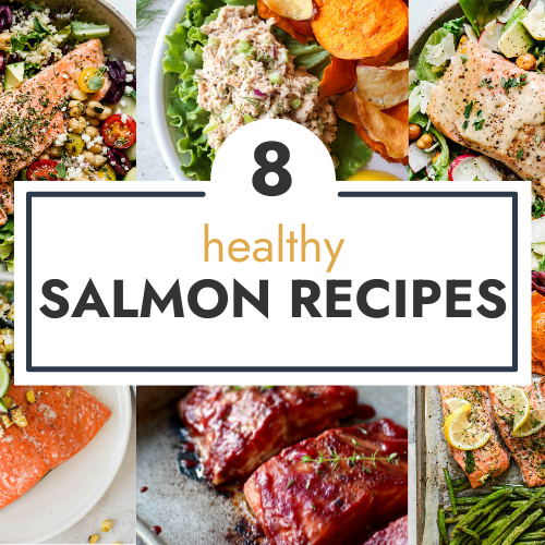 Collage healthy salmon recipes served on plates with text overlay for header.