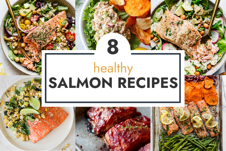 Collage of salmon recipes served on plates and in bowls with text overlay for header.