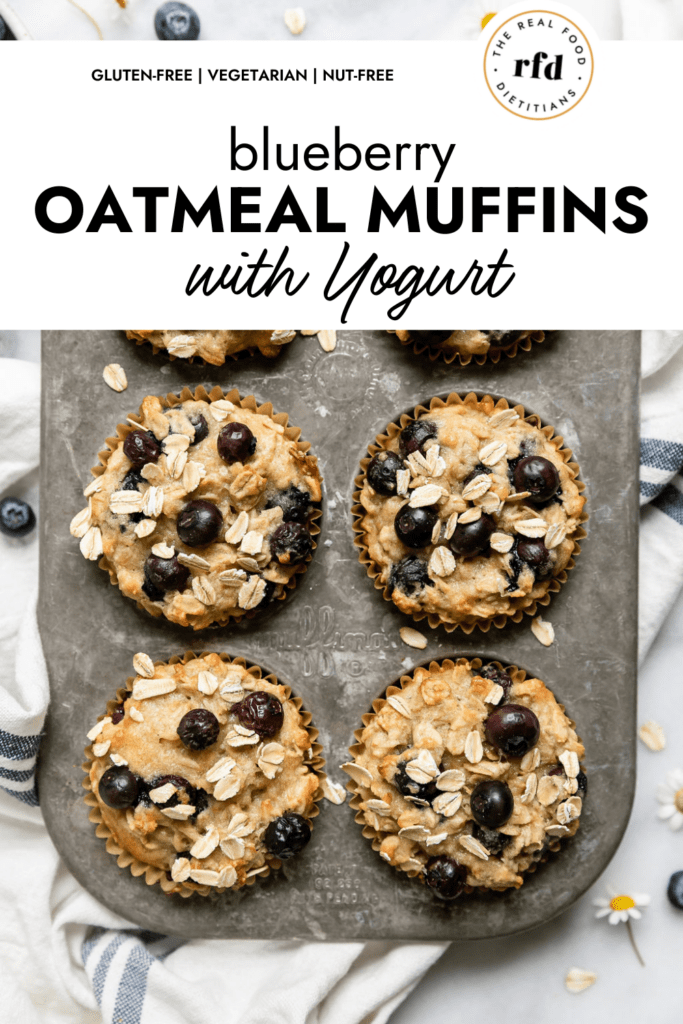 Six count muffin tin filled with blueberry oatmeal muffins.
