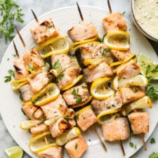 Grilled Salmon Kebab with Curry Yogurt Sauce