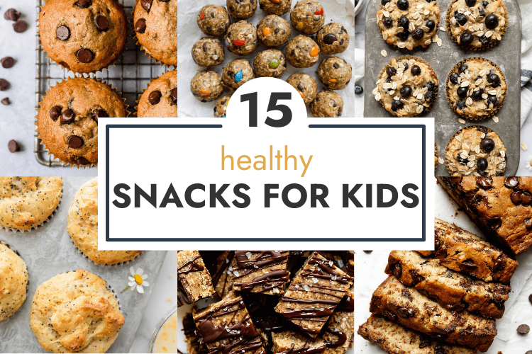 Collage of healthy kids snacks with text overlay.