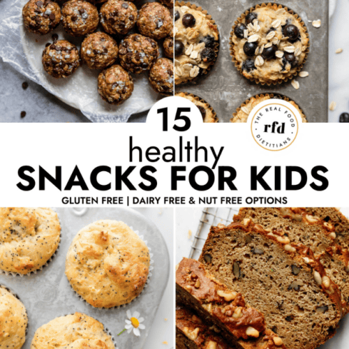 Collage of healthy snacks for kids with text overlay
