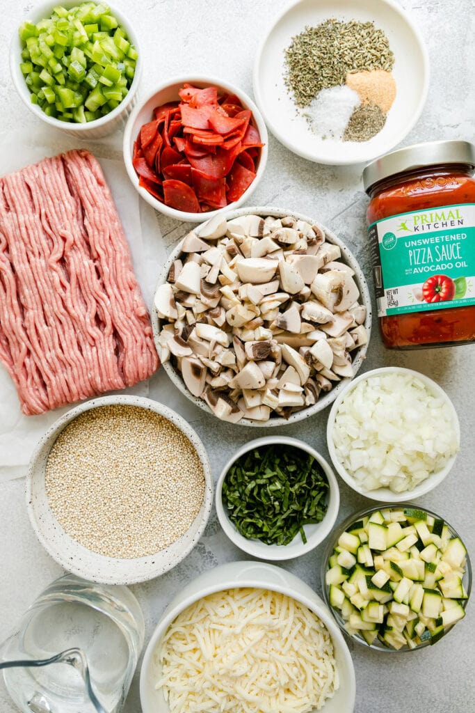 All ingredients for pepperoni pizza quinoa casserole