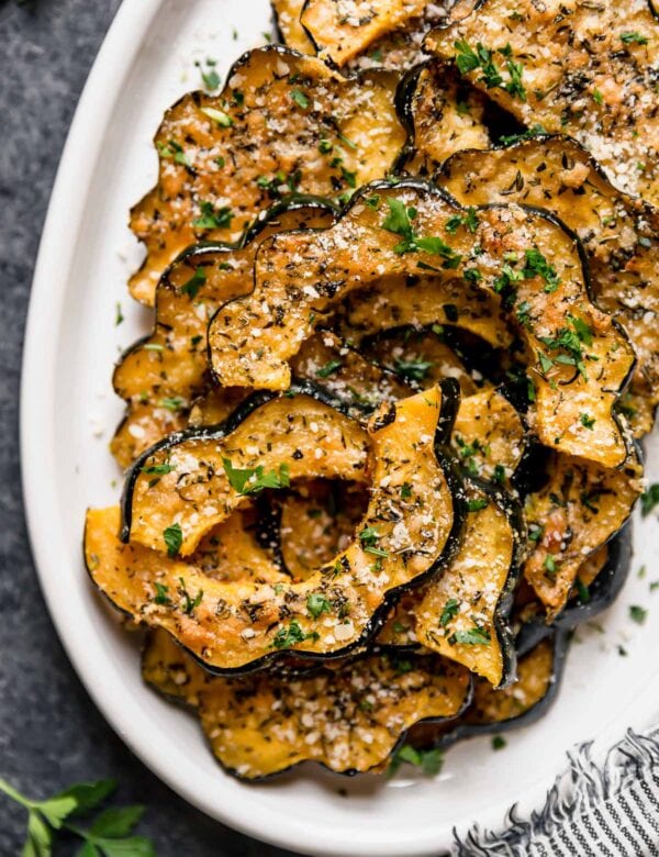 finished and plated recipe, Parmesan crusted acorn squash, side dish