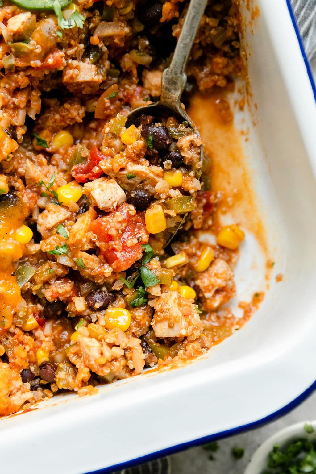 close up view of Southwest Chicken Quinoa Casserole