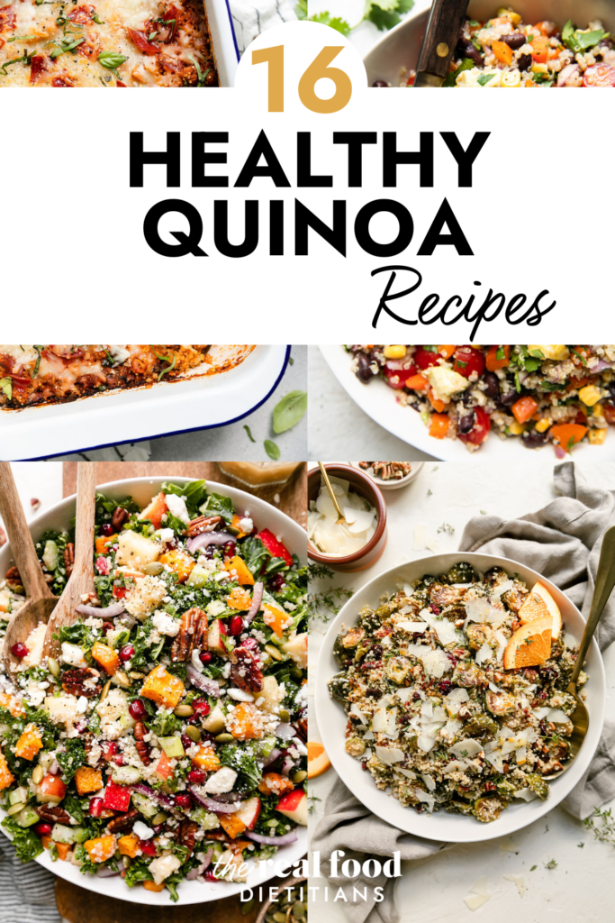 Collage of salads and casseroles made with quinoa with text overlay for 16 Healthy Quinoa Recipes.