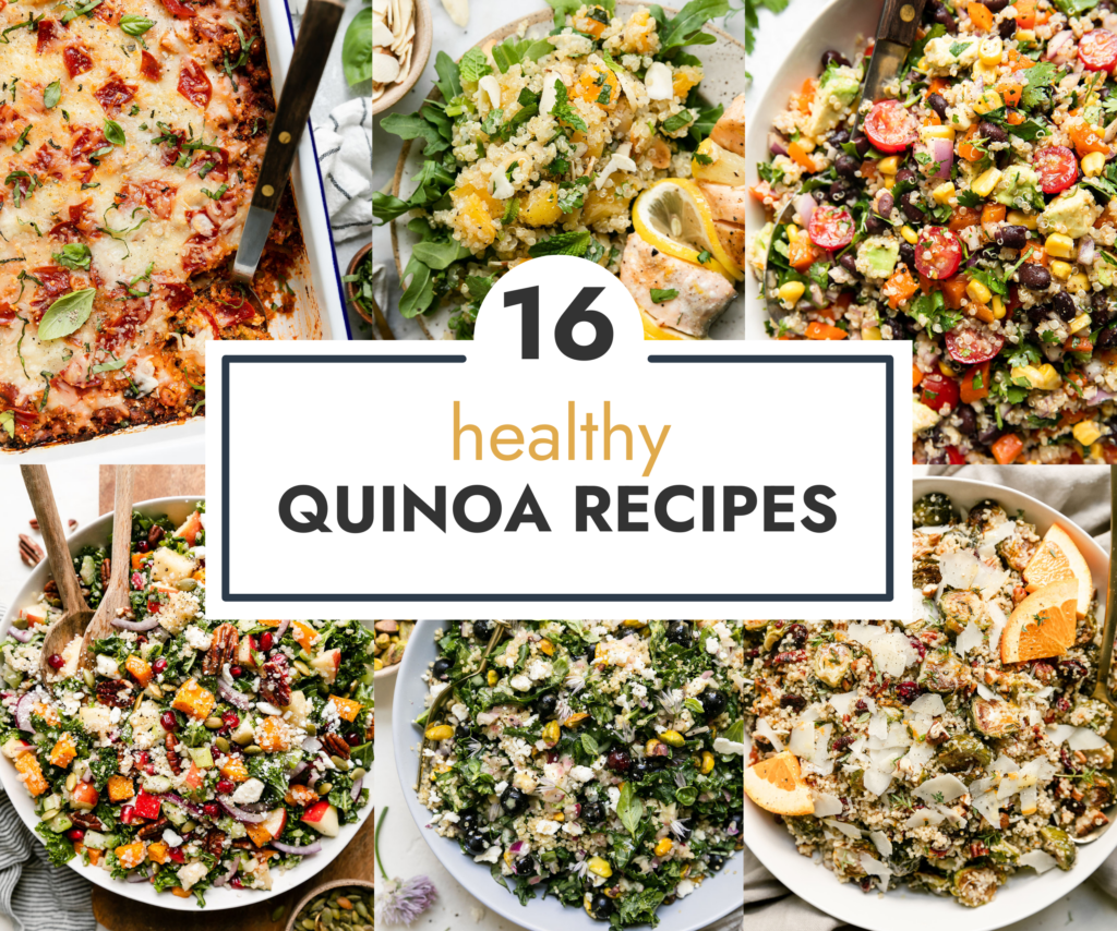 Collage of quinoa based salads and casseroles with text overlay for 16 Healthy Quinoa Recipes