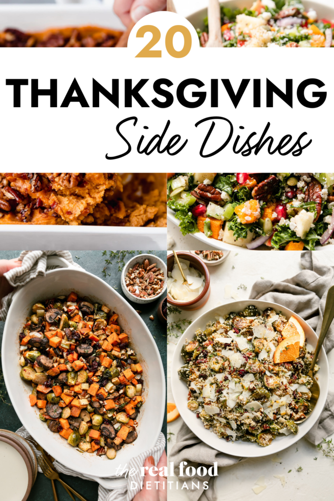 Collage of Thanksgiving side dish recipes, harvest quinoa salad, sweet potato casserole, roasted Brussels sprouts quinoa salad, and sweet potato unstuffing in a casserole dish, with text overlay.