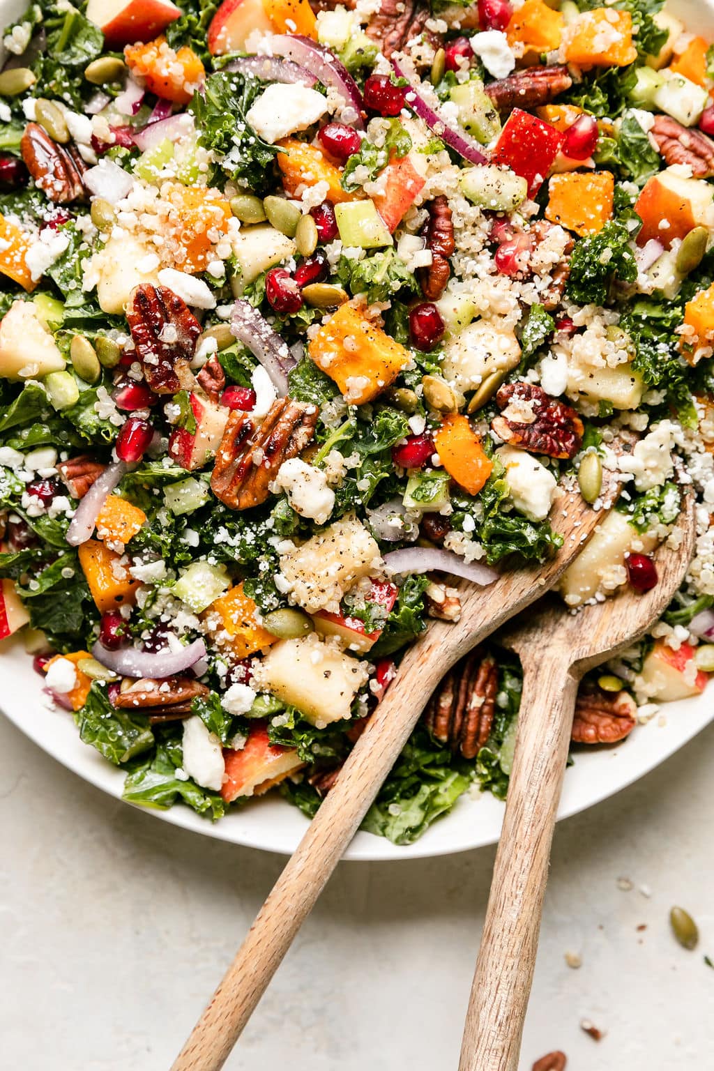 Overhead close up view harvest salad tossed together