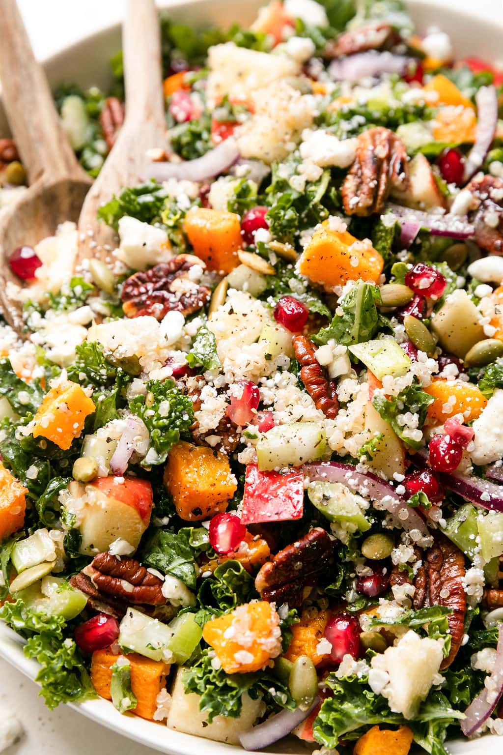 Close up view harvest salad with quinoa, roasted butternut squash, and pomegranate seeds