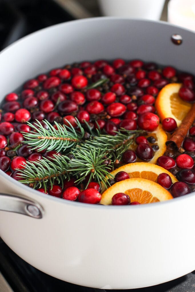A white Caraway pot filled with fresh cranberries, orange slices, and pine sprigs in water.