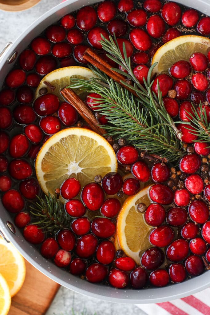Overhead view pine sprigs, fresh cranberries, and orange slices with spices in water for a holiday simmer pot.