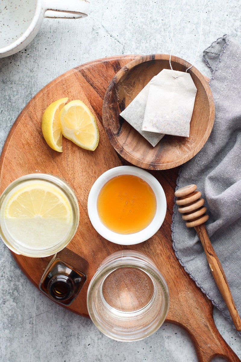 Overhead view ingredients to make Starbucks Medicine Ball Tea recipe at home.