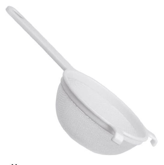 White strainer with hooks for a bowl