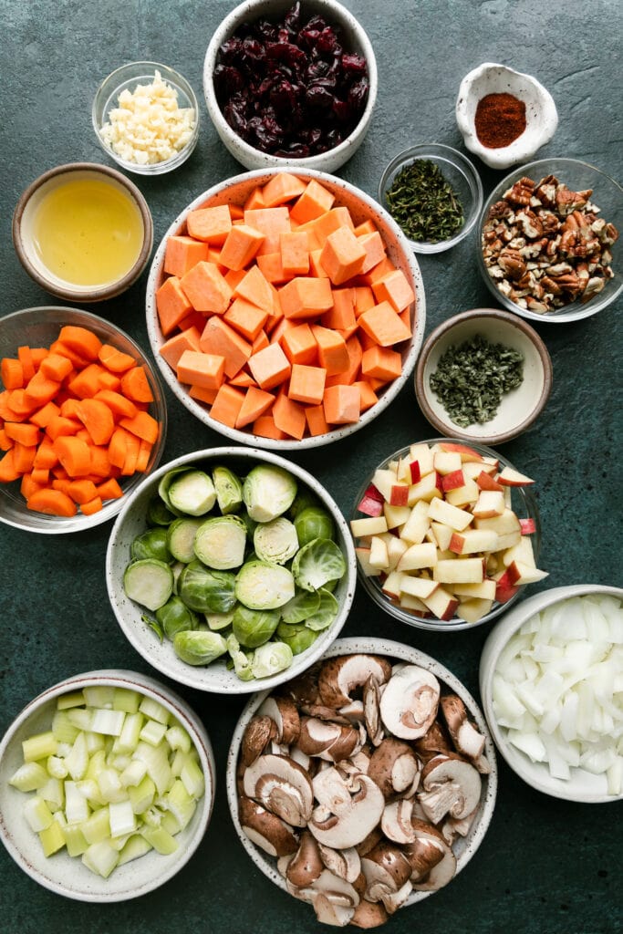 All ingredients for sweet potato unstuffing arranged in small bowls