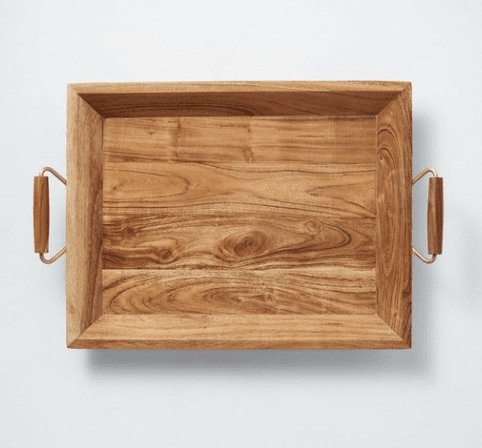 Overhead view wooden tray with shallow sides, two wood and wire handles