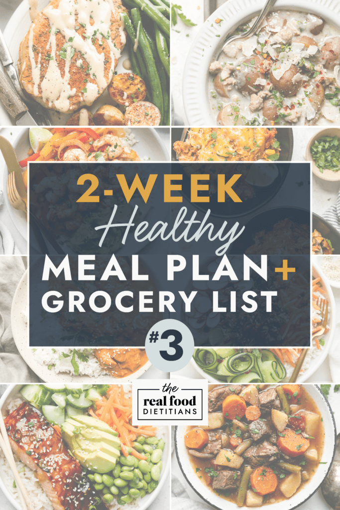 Collage of healthy meals with text overlay for 2-Week Healthy Meal Plan and Grocery List.