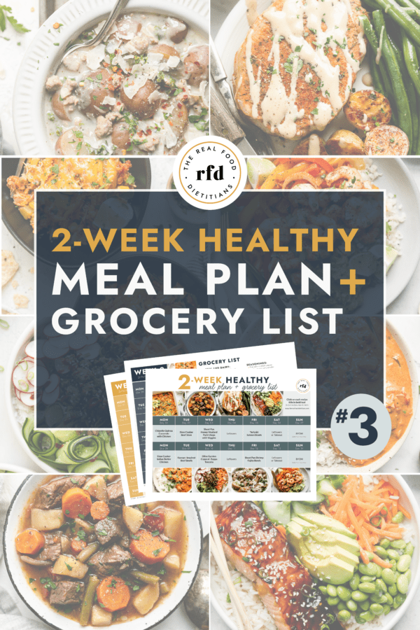 Graphic featuring 6 recipes and text overlay that reads "2 Week Healthy Meal Plan with Grocery List #3"