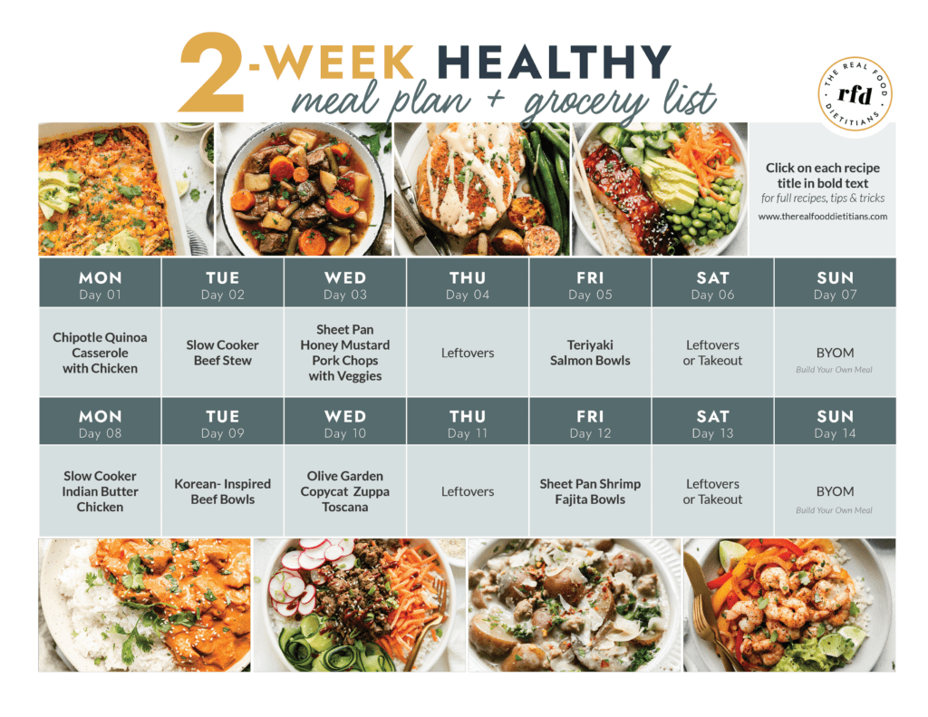 2-Week healthy meal plan in calendar form with dinner images