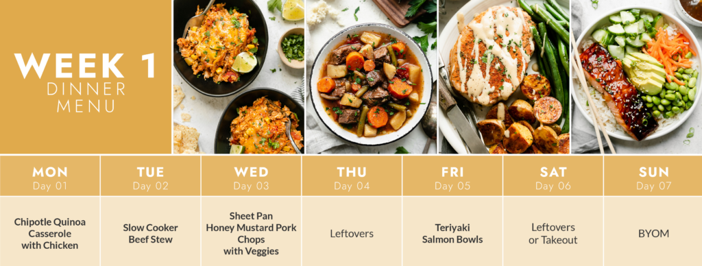 Week 1 dinner menu in calendar format with dinner recipes.