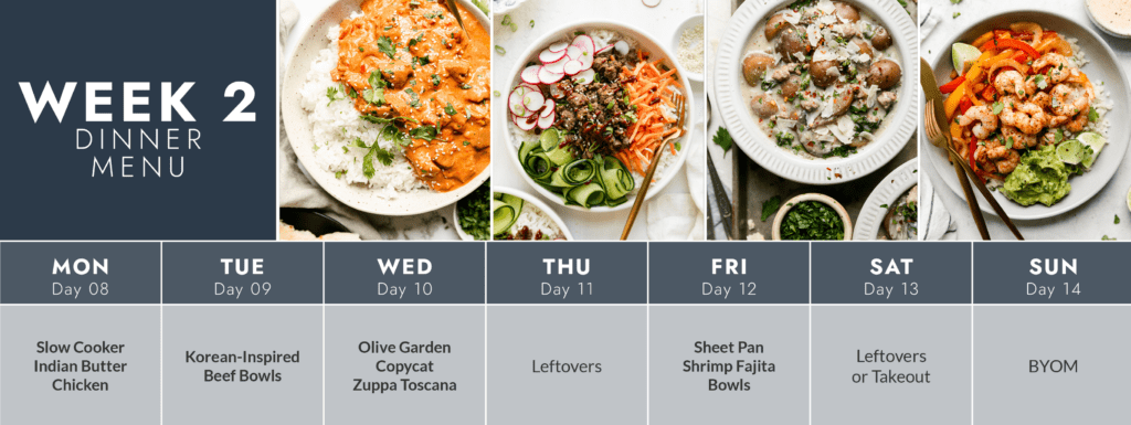 Week 2 Dinner Menu in calendar format with dinner images