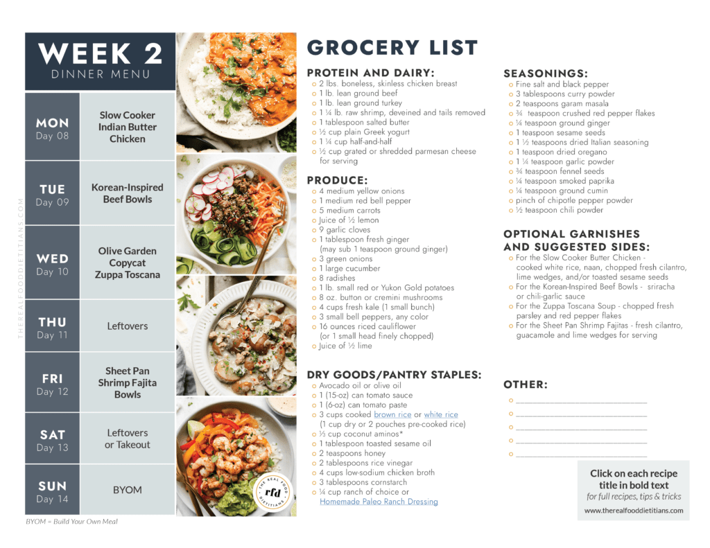 Week 2 dinner menu with dinner recipe images, grocery list for week 2.