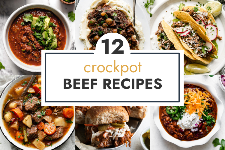 Collage of healthy crockpot beef recipes with text overlay.