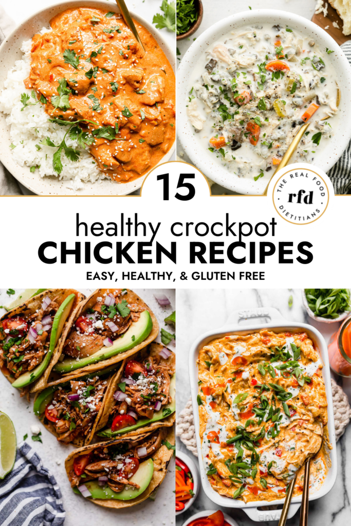 Collage of healthy crockpot chicken recipes with text overlay.