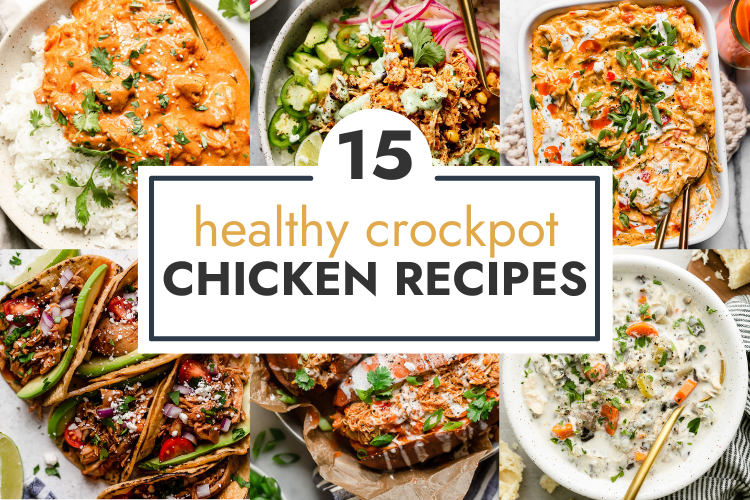 Collage of healthy chicken crockpot recipes with text overlay.