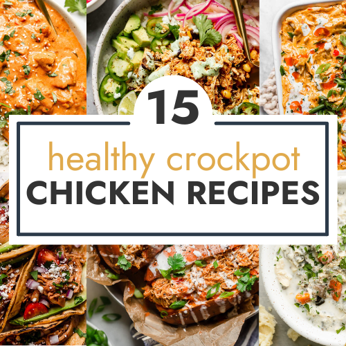 Collage of healthy crockpot chicken recipes with text overlay.