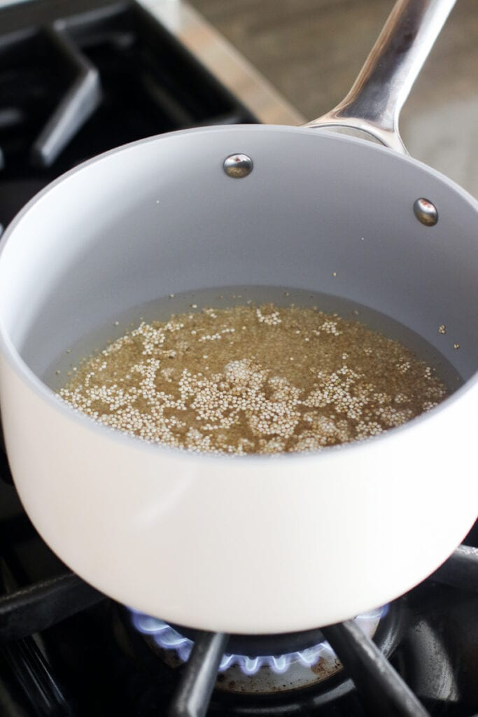 A white saucepan with uncooked quinoa and water on stovetop over open flame.
