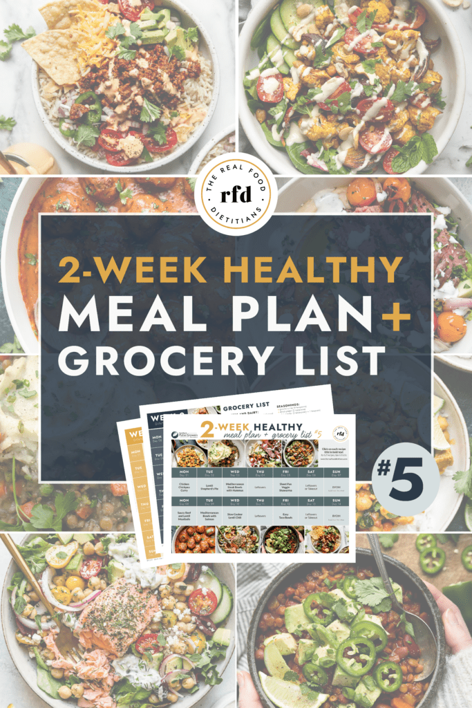 Collage of healthy meals with text overlay for 2 week healthy meal plan and grocery list.