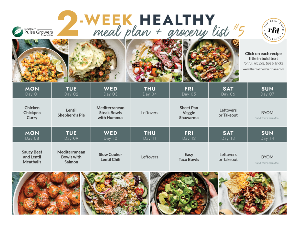 Downloadable 2-week meal plan with dinner recipe photos and calendar