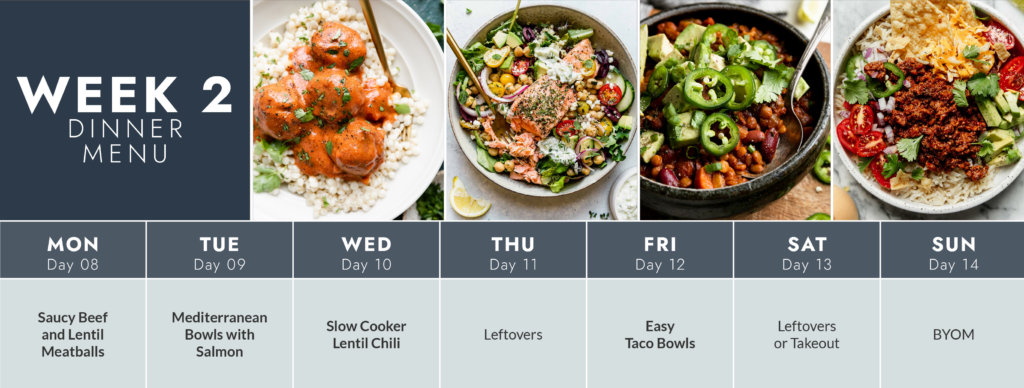 Graphic for week 2 dinner menu with dinner images and recipe titles.