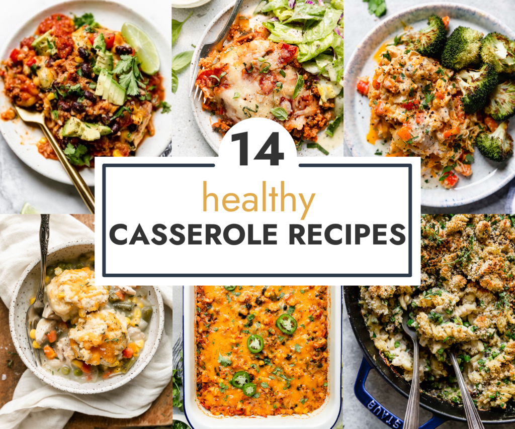 Collage of casserole recipes with text overlay.