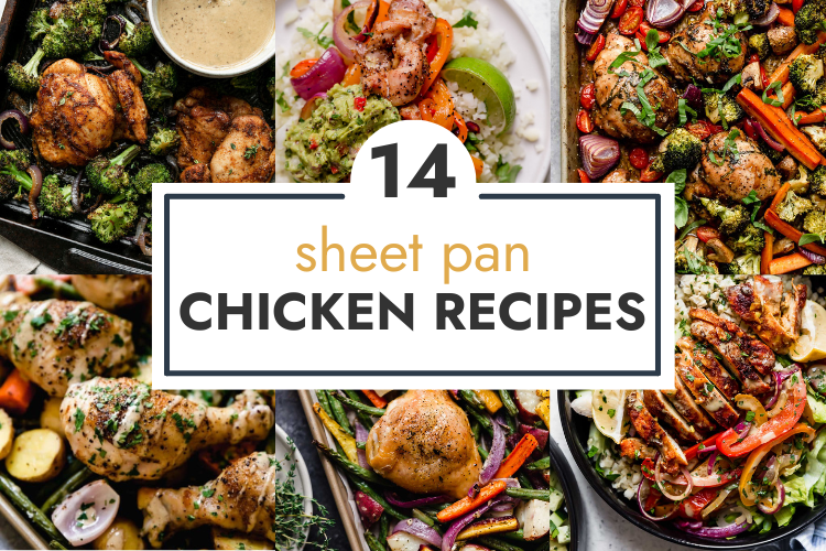 Collage of healthy sheet pan chicken recipes with text overlay.