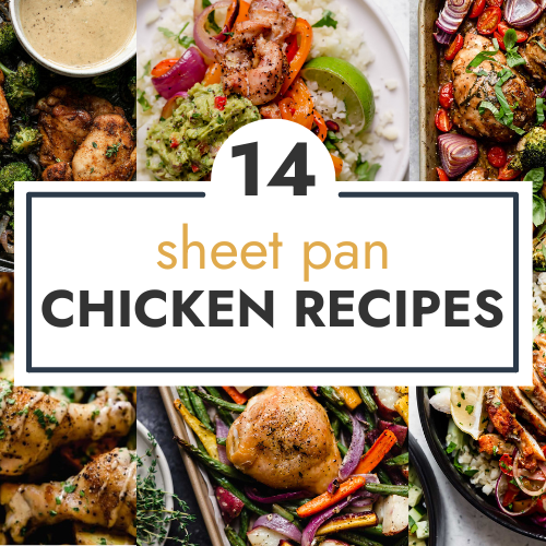 Collage of healthy sheet pan chicken recipes with text overlay.