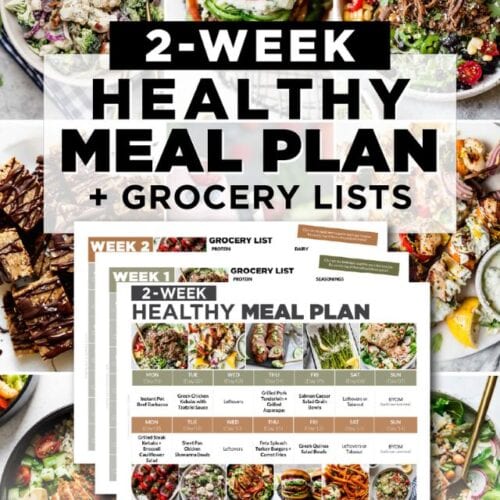 Collage of healthy meals with text overlay for 2 week healthy meal plan.