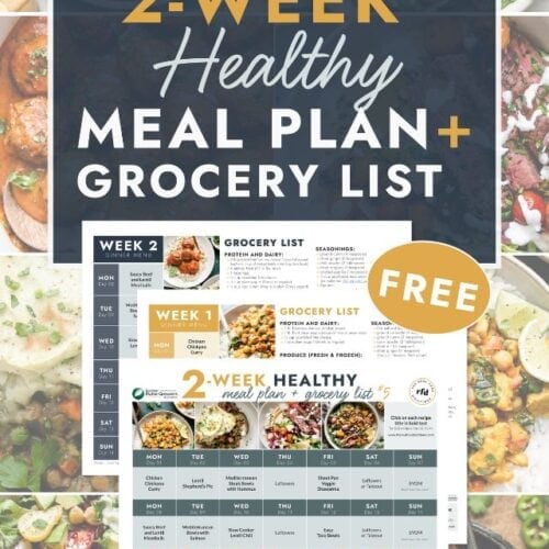 Collage of healthy meals with text overlay for 2-week healthy meal plan and grocery list.