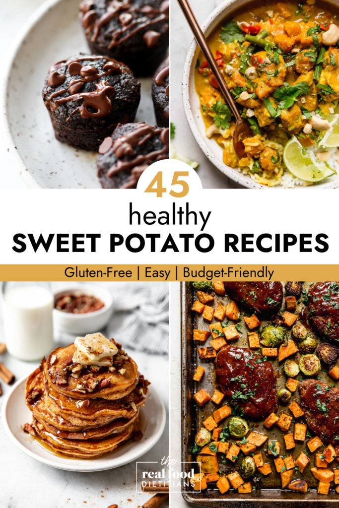 Collage of sweet potato recipes with text overlay for 45 healthy sweet potato recipes