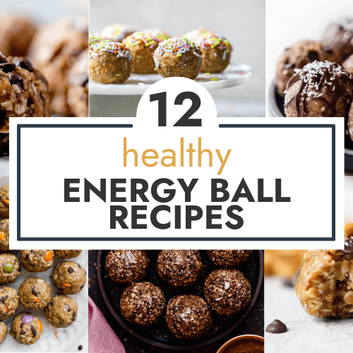 Collage of healthy energy ball recipes with text overlay for header.