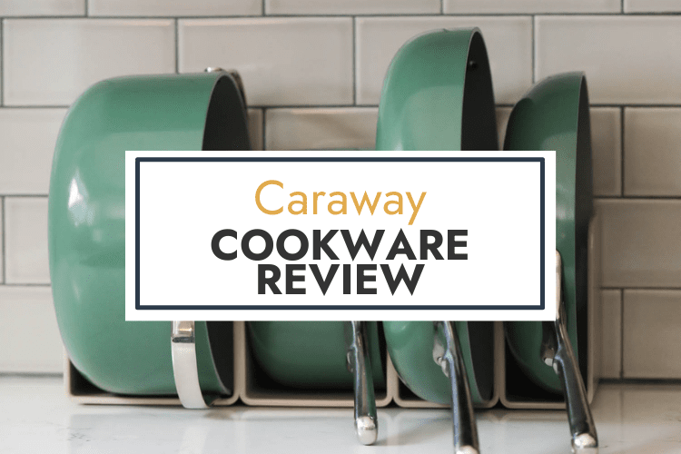 Set of green Caraway pots and pans on countertop with subway tile background.